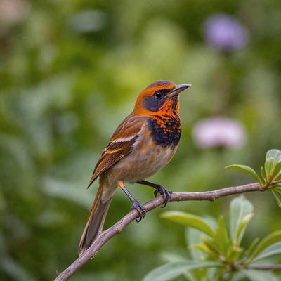 The primary subject of the image is a small bird perched on a thin branch. The bird is the focal point of the scene, and it appears to be looking at the camera. The setting is a lush green environment, with a bush nearby. The visual style of the image is a close-up of the bird, showcasing its details and colors. The bird has a mix of orange and black colors, giving it a vibrant and eye-catching appearance. The overall atmosphere of the image is serene and natural
